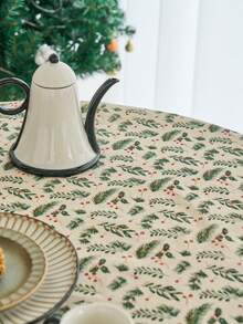 1pc Christmas Round Printed Tablecloth, Gold Foil Green Pine Branch Pattern, Fringed Kitchen Dining Table Decor Cloth For Christmas Holiday Family Gathering Party, Home Decoration - Multicolor - View 8