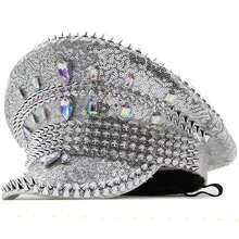 Sparkling Rhinestone & Rivet Sequin Captain Hat, Luxury Glitter Party Cap For Bachelorette, Hen Party, Stage Show & Costume, One Size Fits All - 銀色 - 查看 2