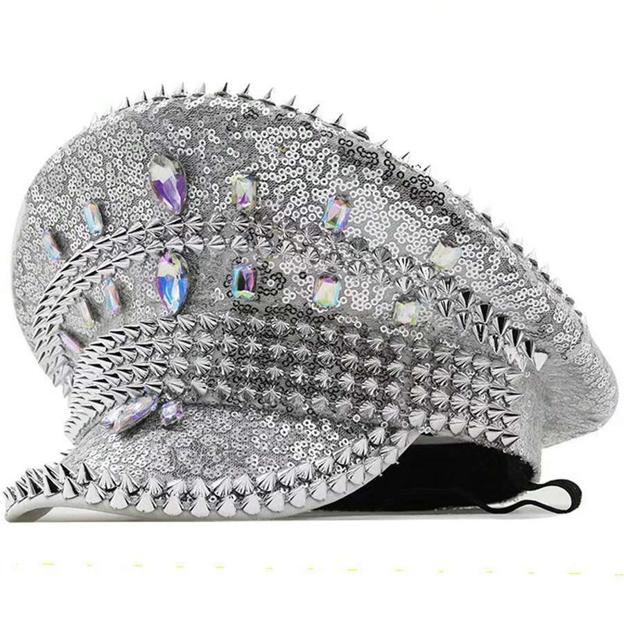 Sparkling Rhinestone Rivet Sequin Captain Hat, Luxury Glitter Party Cap For Bachelorette, Hen Party, Stage Show Costume, One Size Fits All - 銀色 - 查看 1