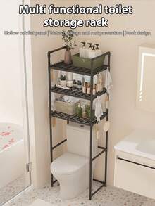 1pc Upgraded Grid Design Over Toilet Storage Shelves, Floor Standing Bathroom Toilet Shelf, Bathroom Organizers And Storage,Edge Strap Hook, Bathroom Accessories, Washing Machine Rack, Balcony Organizer Storage Rack - 黑色升級版 - 查看 4