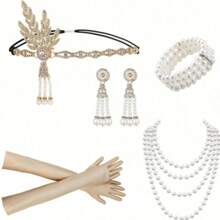 6-Piece Set Of 1920s Women's Wedding Celebration Makeup Ball Gatsby Series Retro Elegant Hepburn Style Accessories, Rhinestone Alloy Tassel Headband, Pendant Earrings, Imitation Bracelet Necklace, Long Gloves, Pipe Halloween - Multicolor - View 3