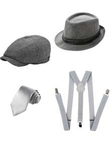 D EXCEED 3/4 pièces Accessoires pour hommes des années 1920 : Chapeau Fedora style gangster, bretelles Y-Back et nœud papillon pré-noué. Ensemble pour hommes des Années folles : Casquette Newsboy Ivy pour une fête sur le thème de Gatsby le Magnifique
