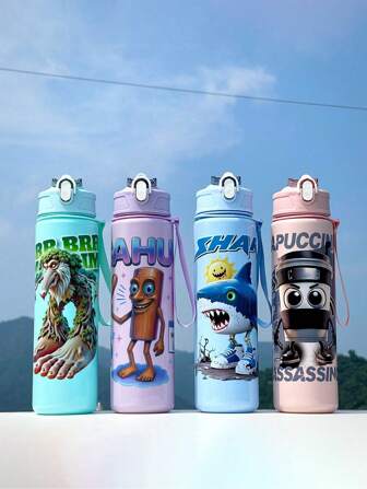 1 pieza Botella de agua de verano para niños y niñas con patrones de animales de dibujos animados, botella de agua deportiva linda de guardería con dibujos animados - 800ml, vaso con pajita, con asa, a prueba de fugas, a prueba de golpes, portátil - Adecuado para viajes, actividades al aire libre y uso estudiantil - Regalo perfecto para el Día del Niño