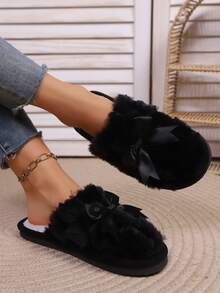 女士简约休闲可爱蝴蝶结毛绒套脚拖鞋，包头设计，轻便柔软鞋底，保暖内里，适合客厅和卧室穿着，春秋季款 - 黑色 - 查看 5