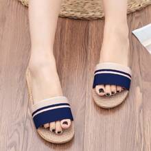 女士亚麻拖鞋，透气室内轻便防滑新款拖鞋，居家鞋 - 藍色 - 查看 3