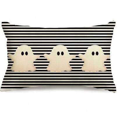 1pc Halloween Pillow Case 12x20 Inch White Ghost Decor Black Stripe Pillow Case Happy Halloween Outdoor Lumbar Pillow Case Sofa Chair Bed Halloween Decoration Single Sided No Pillow Insert Home Decor Halloween Decor Room Decor Pillow Case Cushion Cover Throw Pillow Case