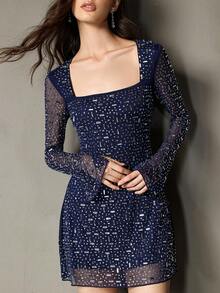 女士水钻装饰方领修身短款正式鸡尾酒会礼服，优雅时尚，适合特殊场合 - 藏蓝色 - 查看 7