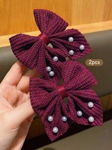 2pcs Fashionable & Sweet Bowknot Hair Clips, Suitable For Daily Use - Burgundy - View 4