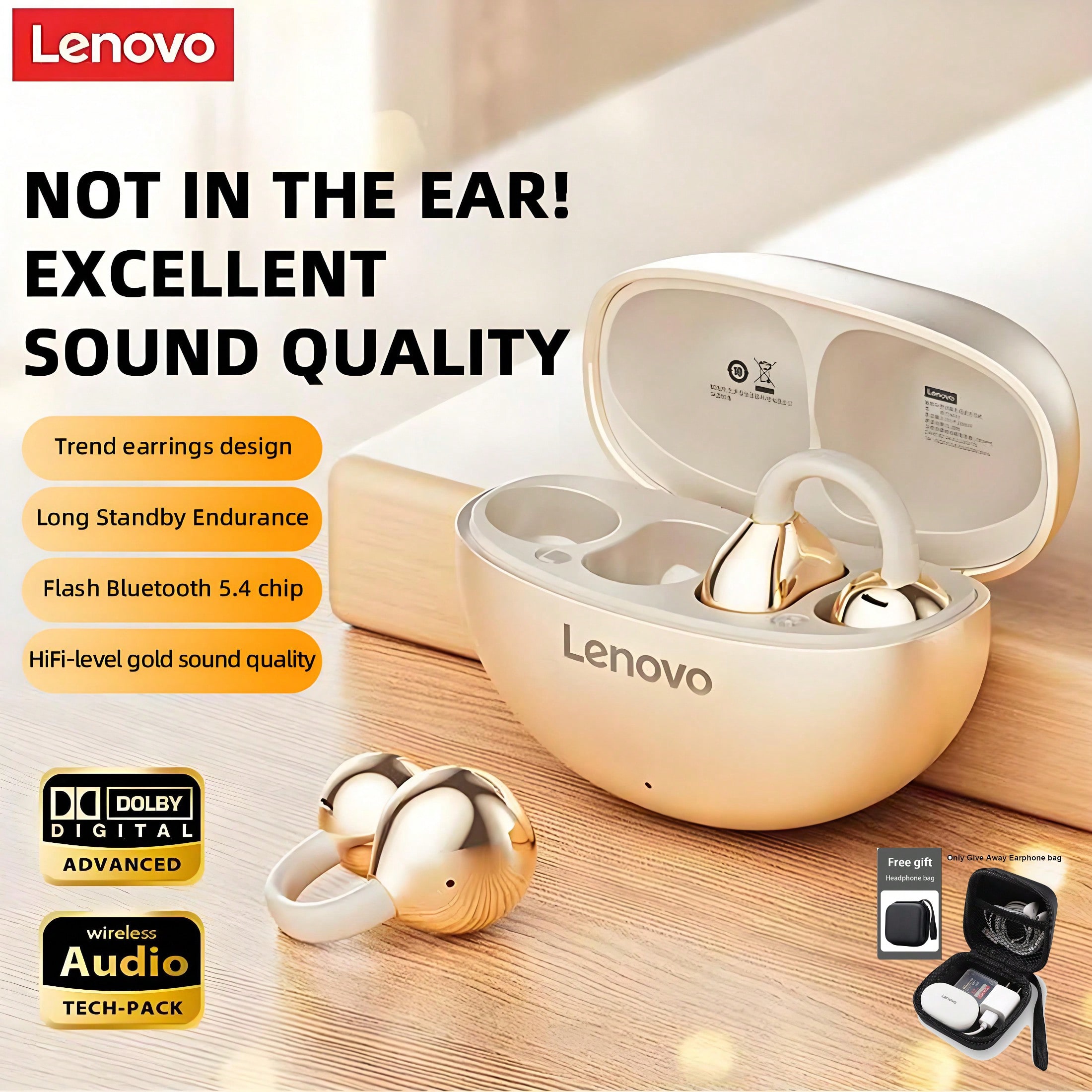 Lenovo TA410 Bluetooth Wireless Earbuds TWS Ear Clip Type Earphone Bluetooth 5.4 Touch Control Long Battery Life With Noise Reduction Mic Headphone Music Office, Sports, Gaming Headset Earclip