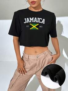 Jamaica Flag Print Casual Crop Top, Crew Neck Short Sleeve Loose T-Shirt For Spring & Summer, Women's Clothing - 黑色 - 查看 6