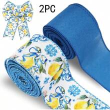 2 Rolls, Lemon Wired Edge Ribbon - Blue Tile Lemon Floral Craft Ribbon With Stitched Edges, Durable Polyester For Summer Birthday Gift Wrapping, Wreath & DIY Crafts