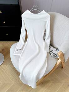 Sexy Tight Off Shoulder Bodycon Mini Dress, Stretchy Knitted Long Sleeve Slim Fitted Dress - White - View 7