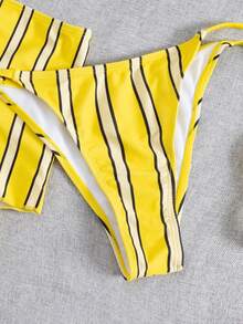 全新性感欧美风格女式吊带条纹上衣和系带泳衣下装和短裤三件套比基尼泳装套装 - 黃色 - 查看 9