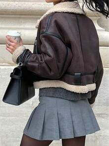 DEEKA 秋冬新款女式仿皮毛内衬机车夹克短外套