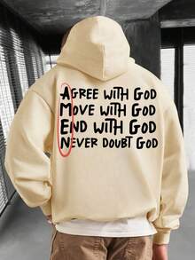 男士秋冬信仰力量图案连帽卫衣，标语与态度，长袖上衣