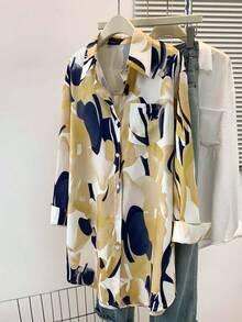 女士休闲长袖树叶印花衬衫，前襟纽扣开合，带口袋，卷边袖口，翻领设计，适合秋、冬、春季穿着。 - 黃色 - 查看 3