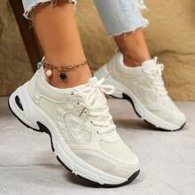 New Soft Leather Thick-Soled Sports Shoes For Women, Women's Lightweight Breathable Mesh Daddy Sports Shoes/2025 Spring And Autumn Winter New Casual Running Shoes - 米色 - 查看 4