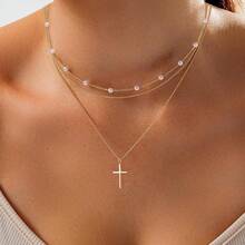 Cross Necklace For Women, Dainty 18K Gold Plated/Sterling Silver Small Cross Pendant Necklace Simple Gold Cross Necklaces For Women  Faith Jewelry Gift2025 - 三層十字珍珠金 - 查看 5
