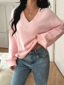 Live To Mo 女士冬季毛衣，女士休闲V领针织套头衫，粉色毛衣上衣，适合外出、约会、日常通勤、新年、圣诞节等场合穿着。