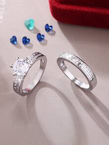 两枚经典优雅闪亮六爪圆形白色锆石戒指，情侣结婚订婚周年纪念情人节生日珠宝礼物 - 銀色 - 查看 2