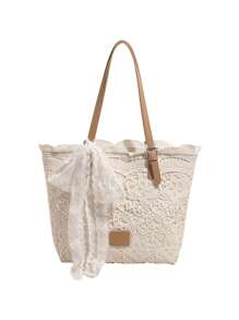 Lace Niche Design Fresh Literary Tote Bag With Bow, Fashionable And Simple Casual Handbag, Large Capacity And Highly Attractively Women's Shoulder Bag, Elegant Women's Underarm Bag, Suitable For Vacation Beach Commuting Daily Matching Photo Giving - Beige - View 6