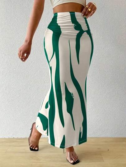 Women's High Waist Pleated Pattern Print Fish Tail Hem Skirt