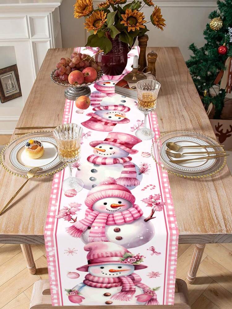 180*35cm Pink Christmas Snowman Table Runner Plaid Table Cover Christmas Decorations For Home 2025 Xmas Christmas Gifts New Year 2026 Tablecloth Festive Table Decorations Polyester Fabric Material - Multicolor - View 6