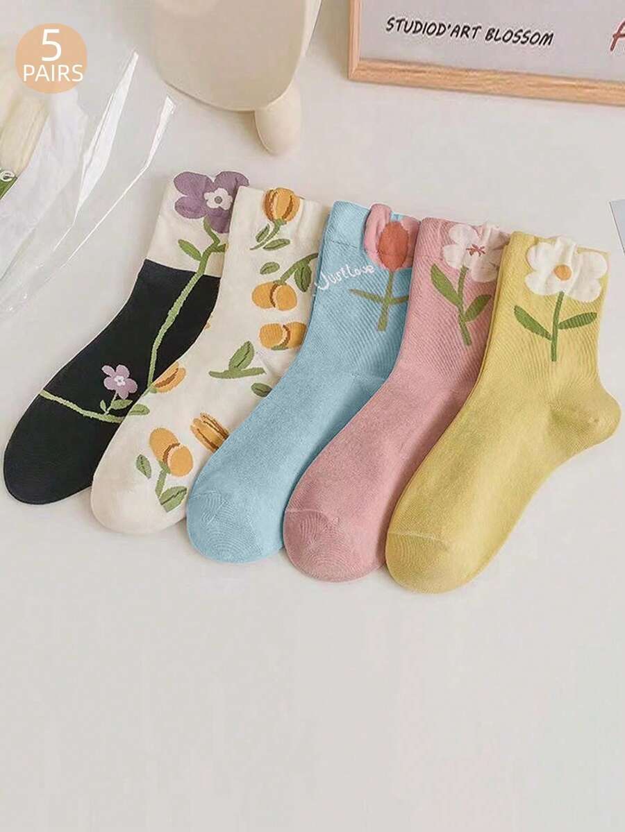 5pairs Floral Pattern Crew Socks - Multicolor - View 1