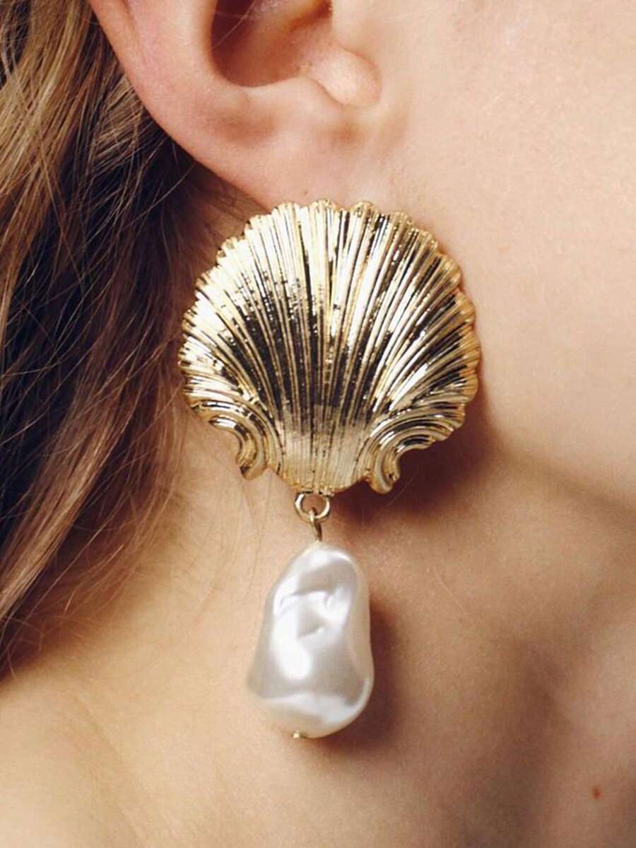 ZAA Shell Pearl Pendant Earrings, Personalized And Luxurious, Simple And Fashionable Earrings, Alloy Scallop Faux Pearl Pendant Earrings, Ocean Leisure Vacation Style Women's Earrings