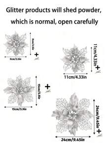 2 件/6 件/10 件闪光一品红人造一品红花朵，空心闪光粉一品红花朵，圣诞装饰品，节日用品，圣诞树，花环，闪光一品红圣诞树装饰品，节日装饰 DIY 一品红花环，派对装饰，圣诞节 - 銀色 - 查看 9
