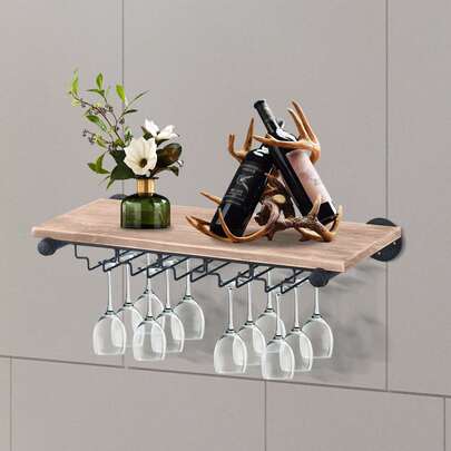 Wall Mounted Wood Wine Bottle Rack With Glassware Holder Stemware Shelf Storage Organizer - Home, Kitchen, Dining Room Bar Décor