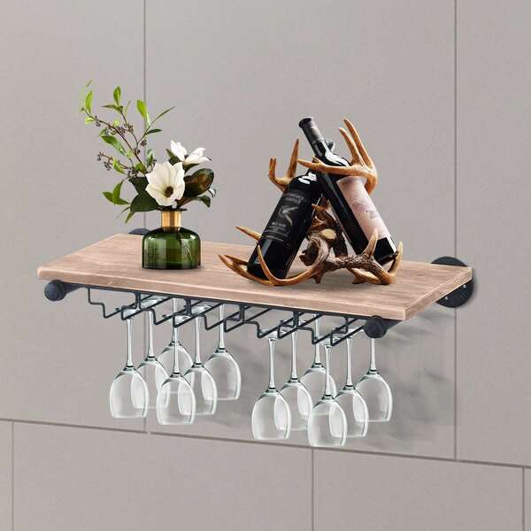 Wall Mounted Wood Wine Bottle Rack With Glassware Holder Stemware Shelf Storage Organizer - Home, Kitchen, Dining Room Bar Décor