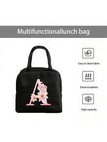 1 件隔热午餐袋 - 黑色帆布轻便便携式冷藏袋，带粉色花卉字母图案保温午餐盒手提袋，适用于学校办公室野餐露营和旅行；多功能食品储存袋可重复使用手提包，适合男孩女孩学生教师和专业人士，女士后印花午餐袋，学校午餐盒 - 黑色 - 查看 8
