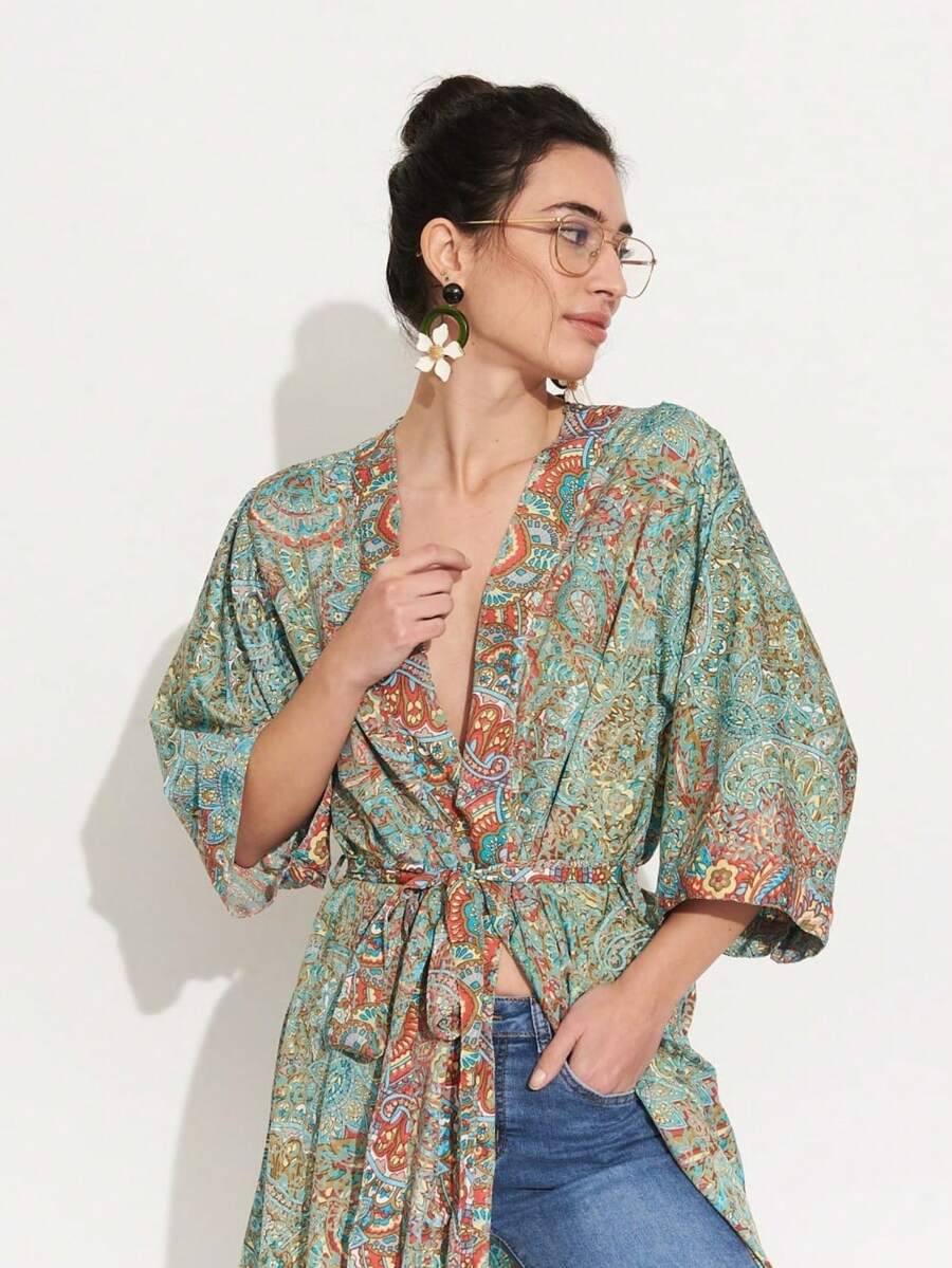 Long Printed Kimono Full Print Belt Beach Vacation - Green - View 1