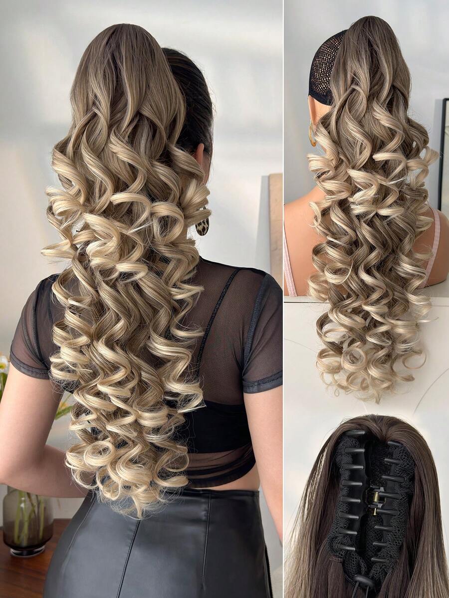 26 Inch Ombre Wavy Synthetic Hair Ponytail Extension, Heat Resistant Fiber, Claw Clip Design, Suitable For Daily Wear