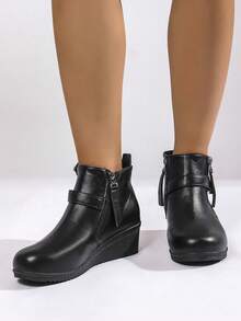 Damskie botki, ciepła podszewka, podeszwa antypoślizgowa, zapięcie na podwójny zamek błyskawiczny, okrągły nosek, gruby obcas, krótkie botki, modna ozdoba z klamrą, buty zimowe