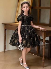 女童黑色短款薄纱星星印花派对连衣裙 - 黑色 - 查看 10
