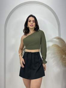 Women's Cropped Blouse With Mule Sleeve And One Shoulder Pads - 墨綠色 - 查看 3