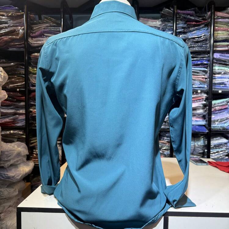 Men's Long Sleeve Dress Shirt, Plain With Elastane, Body Fabric, 90% Polyester, 10% Non-Greasy, Easy To Iron - Màu xanh Cadet - Xem 2