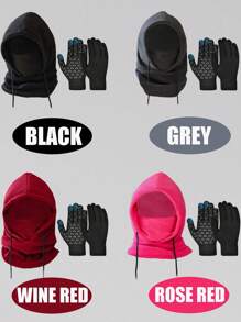 3 件套 3-8 岁/8-12 岁儿童冬季拉法帽滑雪面罩和触摸屏手套套装，黑色/灰色/酒红色/玫瑰红色，保暖可调节羊毛衬里帽子，适合男孩和女孩 - 1PC - 查看 4