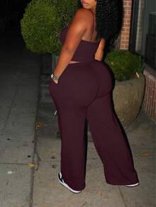 女士纯色简约吊带背心搭配抽绳腰带运动裤休闲套装 夏季 - 中紫紅色 - 查看 9