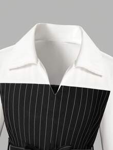 2pcs/Set Fashionable Girls' Spring/Autumn Outfit, Including Collared V-Neck Colorblock Long Sleeve Top And Striped Elastic Waist Straight Leg Pants, Elegant Suit Style, Comfortable And Versatile For Outdoor, Party, Afternoon Tea, Birthday Gift