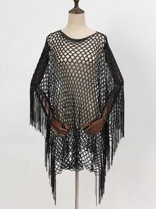 1 pieza Cárdigan tipo alas de murciélago delgado, con decoración de flecos calados, protección solar talla grande para cubrir vestidos de verano - Multicolor - Ver 33