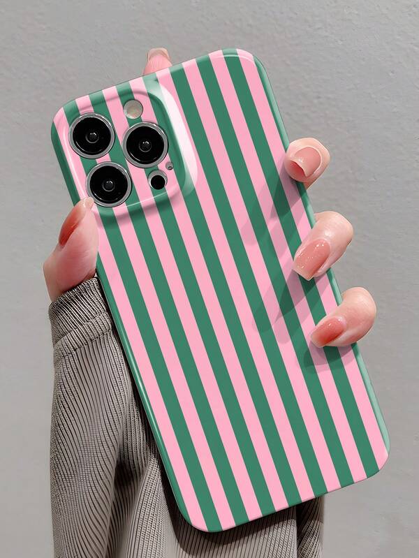 1pc Minimalist Striped Pattern Perforated Glossy Filament Case Full Coverage Hard Phone Shell Suitable For IPhone 11/12/13/14/15/16 Pro Max Waterproof Shockproof Anti-Fall Scratch Resistant