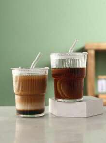 1个条纹玻璃杯，带吸管和盖子 - 600毫升/20.29盎司，400毫升/13.5盎司，优雅玻璃饮水杯，适用于咖啡、茶、牛奶、冰咖啡和拿铁，返校必备饮品杯 - 無色 - 查看 9