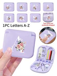 1个蓝色缝纫工具盒，金色三花字母图案，金色A-Z字母图案，缝纫初学者完美礼物：1套便携式迷你缝纫工具包 - 可折叠，DIY缝纫用品和配件，适合旅行者和应急衣物收纳，迷你针盒，便携式小型针包，缝纫工具组合套装，适合酒店、宿舍、学校必备