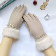 女士冬季骑行、滑雪、徒步触屏保暖手套一双装 - 加厚米色毛边保暖手套，无弹性防寒手套，适合户外活动和日常使用，舒适保暖内衬，休闲风格