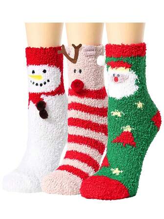 3 双女士圣诞毛绒袜冬季温暖柔软舒适蓬松可爱卡通袜子女士礼物