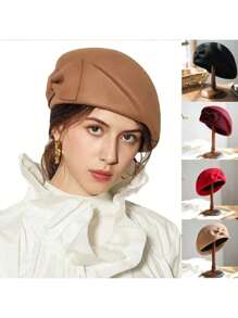 HIMESPORT 100% 羊毛毡英国顶级贝雷帽女士带蝴蝶结礼帽软边德比帽优雅 2025 年冬季正式教堂鸡尾酒茶会礼服婚礼新娘钟形帽 - 純色 - 查看 14