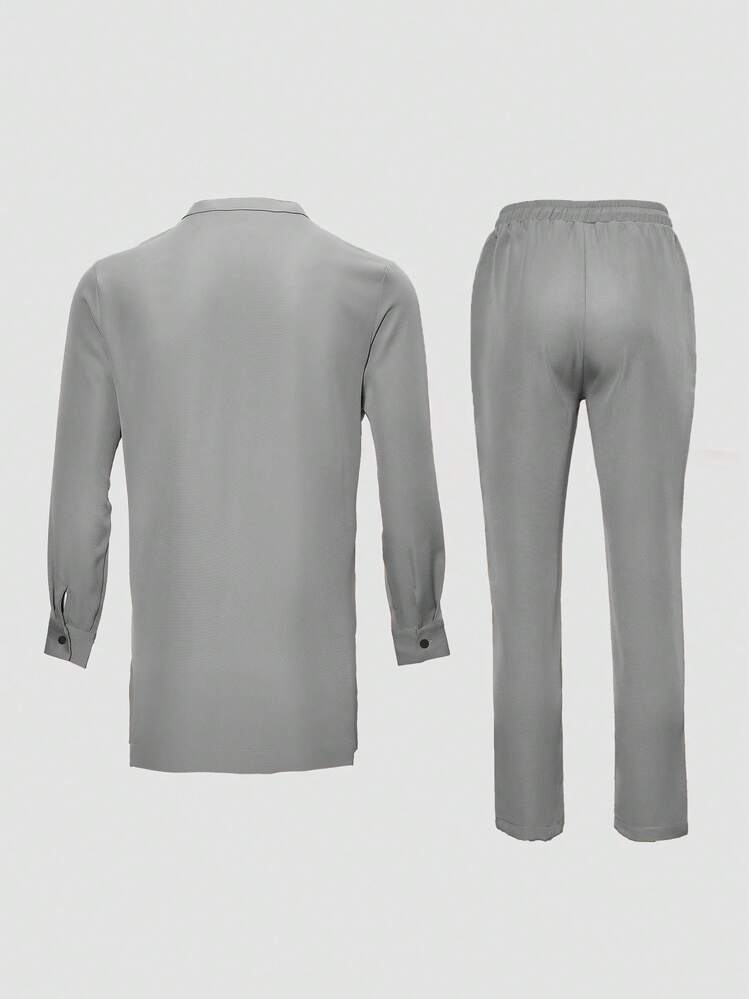 Herr 2-delat Dashiki-set, broderad ficka, långärmad skjorta med rund hals och slits i fållen, byxor med resår i midjan, afrikansk stil, herrset med skjorta och byxor i vardagsstil, ny säsongsdesign, för fest, dejt, bröllop - Grå - Visa 3